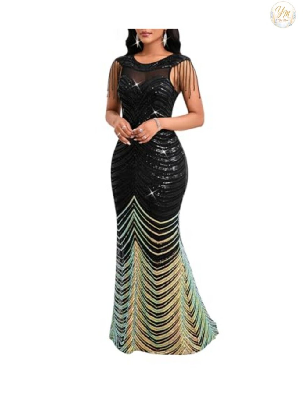 Sequin Mesh Bodycon Maxi Evening Gown Formal Cocktail Dress